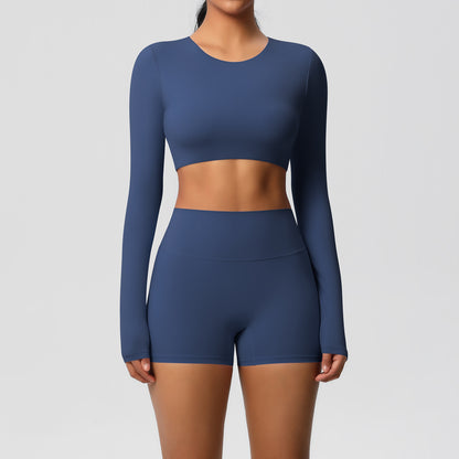 Fitted Long Sleeve Yoga and Pilates Set with Moisture Wicking Compression Shorts for Running and Intense Workouts