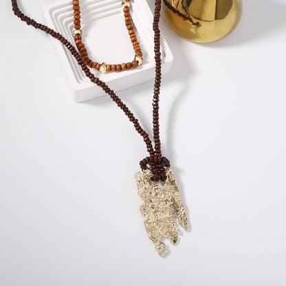Bohemian-Inspired Vintage Multi-Layered Beaded Long Necklace with Unique Irregular Wood Beads - Perfect for Your Summer Vacations