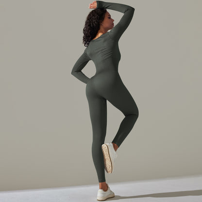 Seamless Knit Square Neck Long Sleeve Yoga Jumpsuit Ribbed Athletic Bodysuit for Comfort and Performance