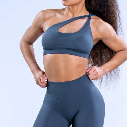 NR High Elastic Ultra Fine Matte Nylon Halter Neck Open Back Asymmetrical Sports Bra for Yoga Fitness and Everyday Comfort