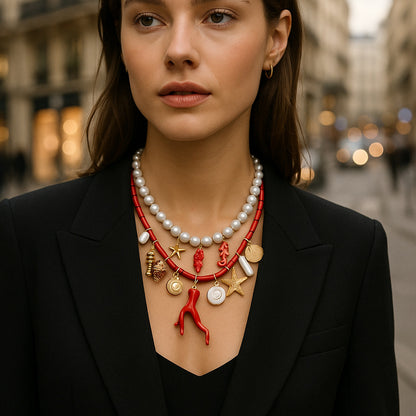 Trendy Minimalist Ocean-Inspired Double-Layer Pendant Necklace with Faux Pearl, Starfish, Seashell, and Coral Accents - Perfect for Casual Vacations and Beach Getaways