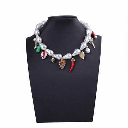 Elegant Baroque-Inspired Faux Pearl Heart Alloy with Ceramic Fish and Seashell Pendants – Stunning Women’s Necklace Collection