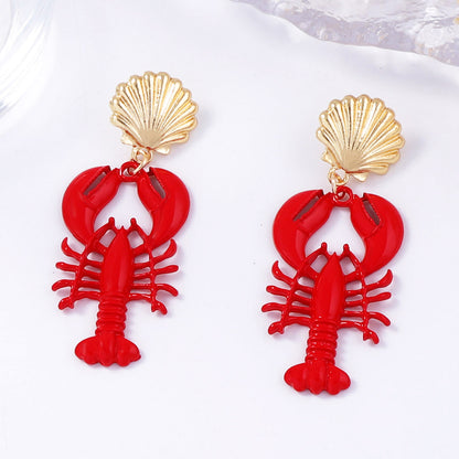 Summer Ocean-Inspired Vacation Marine Life Red Lacquer Lobster and Seashell Alloy Earrings for Women – Perfect for Beach Getaways and Casual Chic Outfits