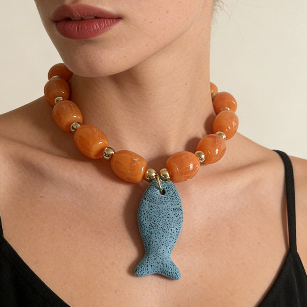 Stunning Casual Ocean-Inspired Volcanic Stone Fish Pendant Beaded Necklace - Unique Statement Accessory for Women