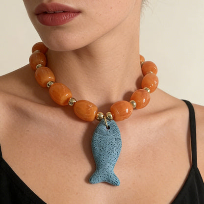 Stunning Casual Ocean-Inspired Volcanic Stone Fish Pendant Beaded Necklace - Unique Statement Accessory for Women