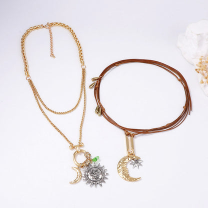 Exaggerated Personality Alloy Sun and Moon Pendant Double Chain Necklace Set – Chic, Luxury Designer Jewelry for Unique Style