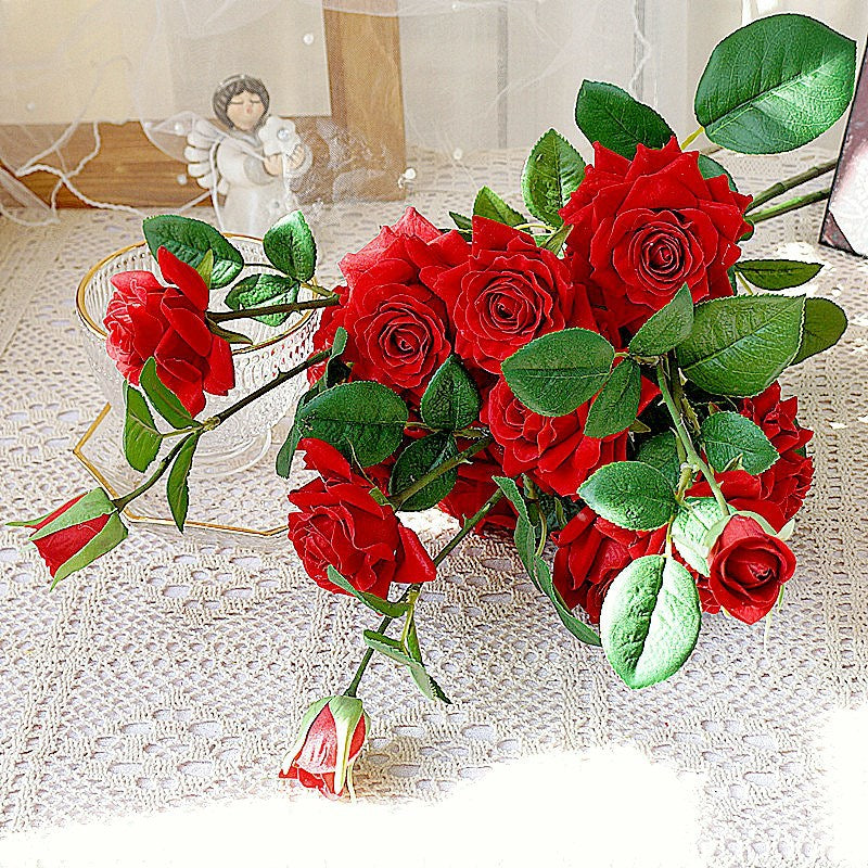 Vibrant Red Velvet Long-Stemmed Faux Roses - 5 Stunning Artificial Floral Stems for Home Decor, Photography, and Wedding Decorations