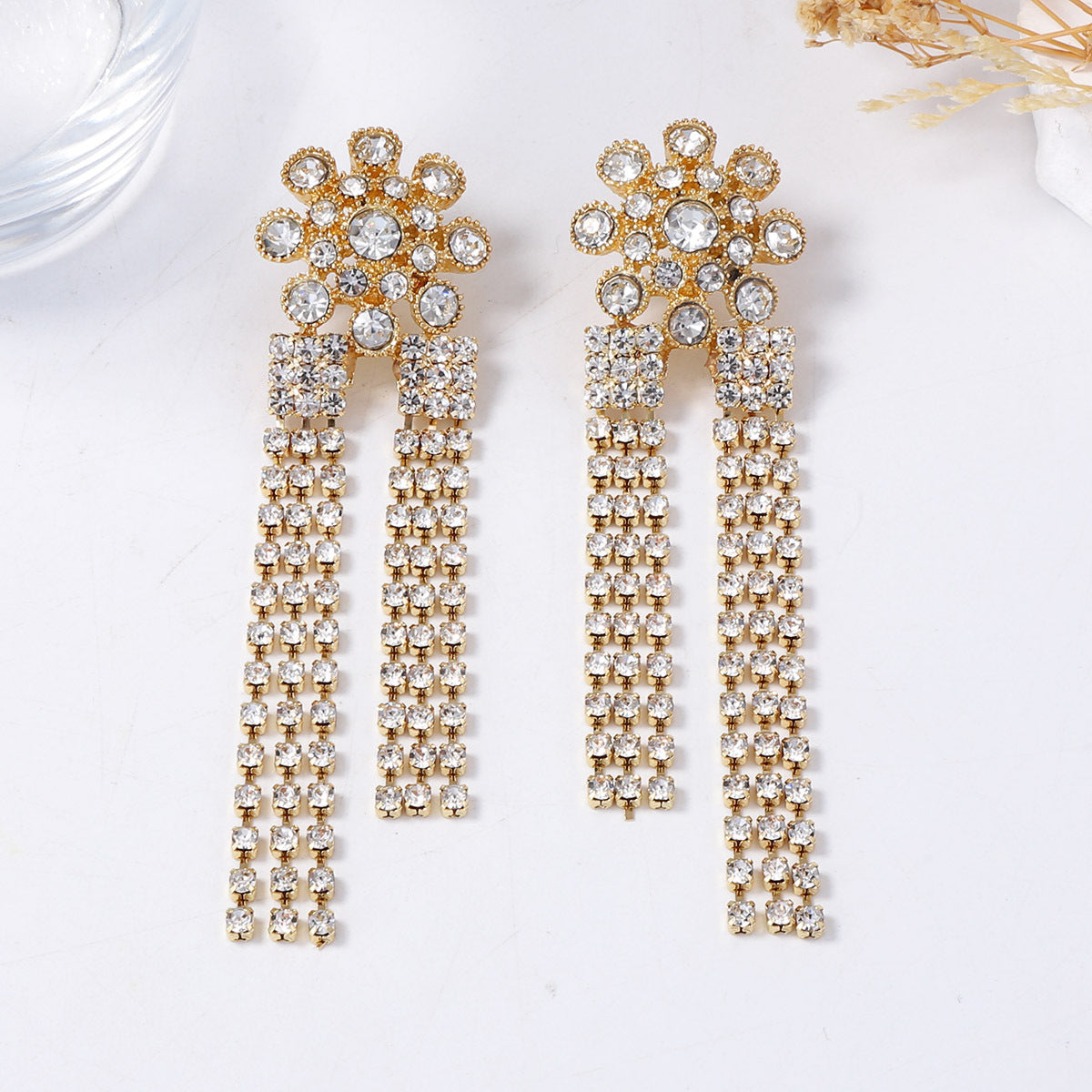Exquisite Luxurious Stunning Alloy & Rhinestone Long Tassel Floral Drop Earrings for Women - Perfect for Any Occasion
