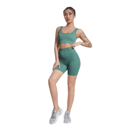 Seamless V Neck Ribbed Yoga Outfit Set for Women Striped Sports Bra and High Waisted Compression Shorts for Comfort and Flexibility