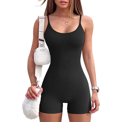 High Elastic Seamless Yoga Jumpsuit with Ribbed Straps for Fitness Gym Workouts and Everyday Comfort