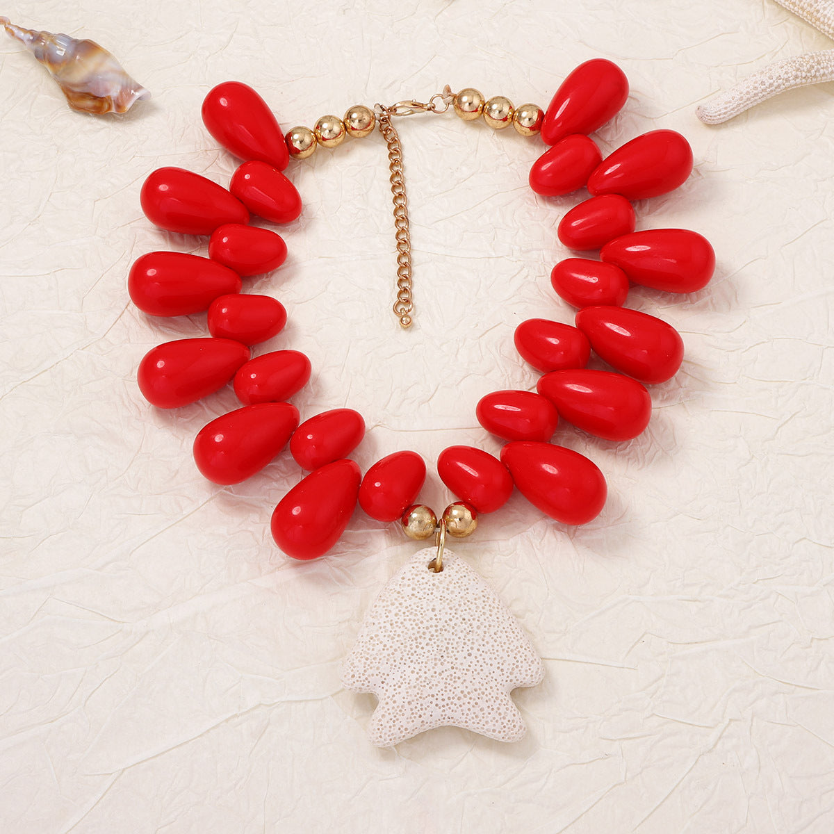 Exquisite Minimalist Natural Ocean-Inspired Vacation Necklace with Volcanic Stone, Starfish, and Tiny Fish Charms - Perfect Summer Accessory for Women