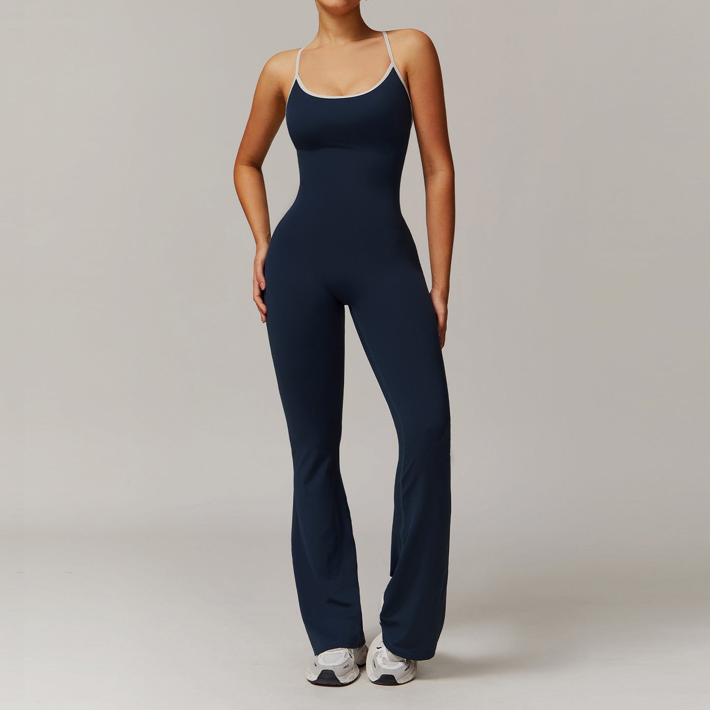 Cross Back Yoga Bodysuit with Ruched Details Flared Sports Romper for Running Fitness Model 3013 for Comfort Style Performance