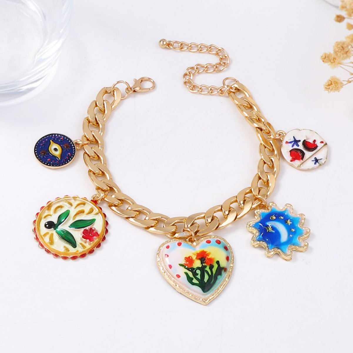 Stylish Alloy Floral Print Pendant Necklace with Double Chain - Unique Colorful Flower Design for Women's Casual Wear