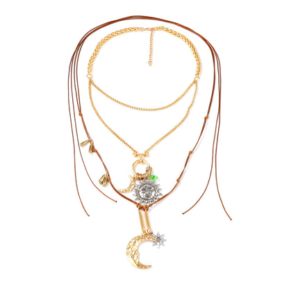 Exaggerated Personality Alloy Sun and Moon Pendant Double Chain Necklace Set – Chic, Luxury Designer Jewelry for Unique Style