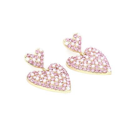 Chic Oversized Creative Heart-Shaped Alloy Earrings with Pearl and Rhinestone Accents – Elegant, Unique, Lightweight Jewelry for Every Occasion