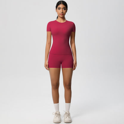 Ultra Soft Peach Butt Enhancing High Waisted Yoga Set Short Sleeve Top and Flattering Short Shorts for Comfort and Style