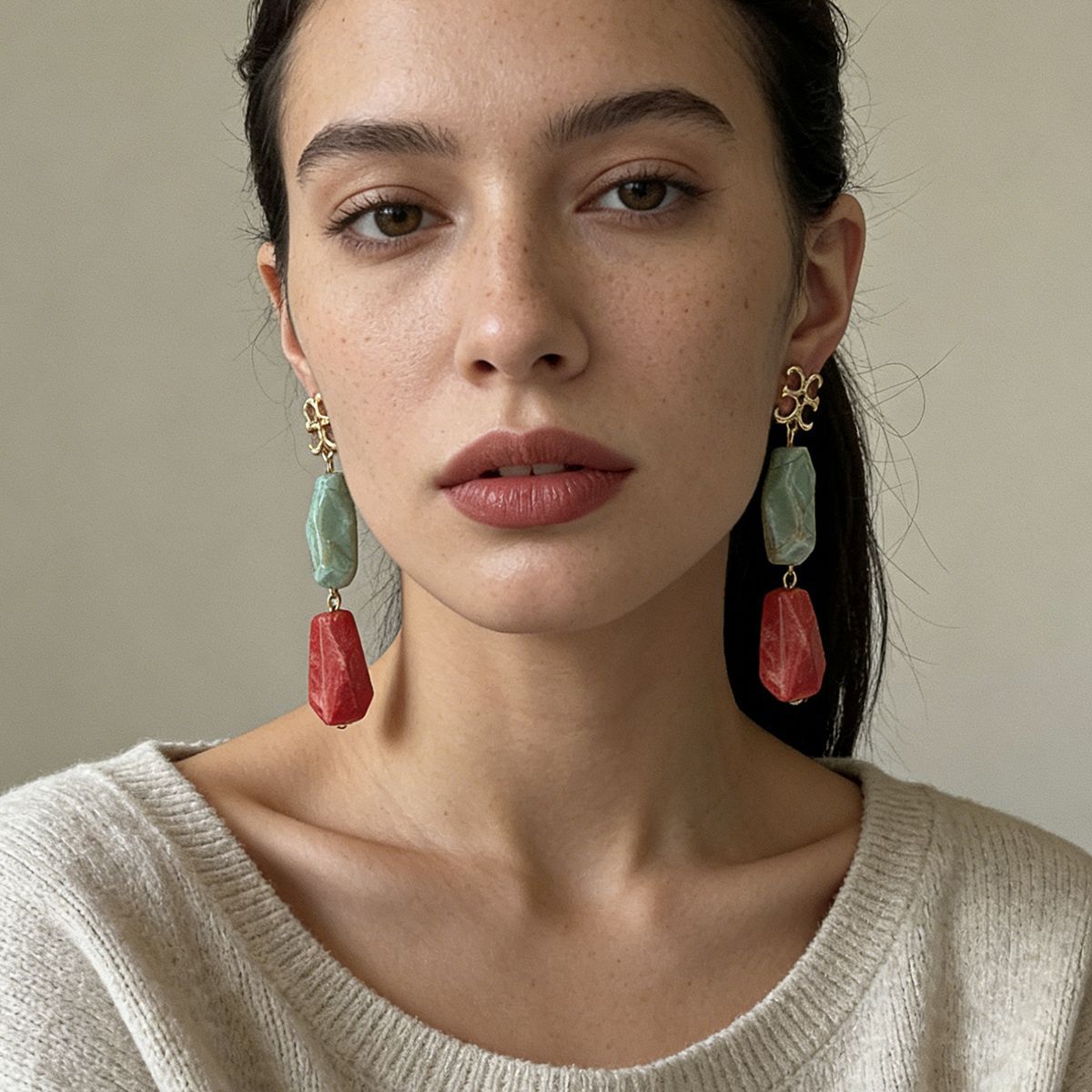 Chic Vintage-Inspired Irregular Geometric Patchwork Women's Earrings – Unique, Artsy Everyday Jewelry with Artistic Flair