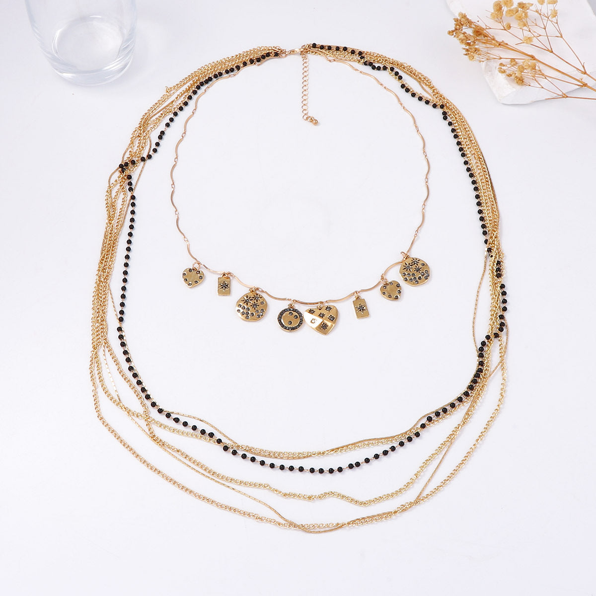 Chic Layered Beaded Chain Necklace with Geometric Pendant – Unique Luxury Design Ideal for Stacking and Everyday Wear