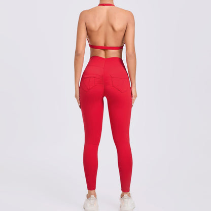 Fitness Enhanced Gym Set Sports Bra and High Waisted Yoga Pants with Butt Lifting Pockets and Elegant Waist Ruching for Comfort and Performance