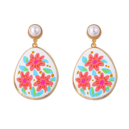 Charming and Elegant Alloy Floral Print Pearl-Like Drop Earrings - Minimalist Fresh Design for Everyday Casual and Workwear
