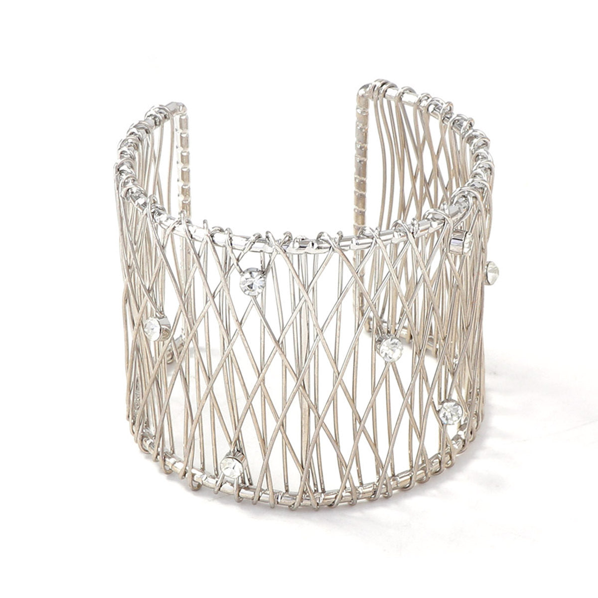 Exaggerated Chic Minimalist Metal Mesh Wide Band Open-Back Women's Bracelet with Micro-Set Zircon Stones - Perfect for Every Occasion!