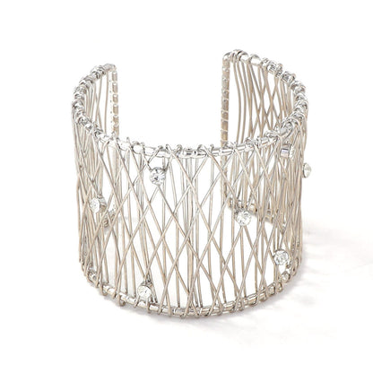 Exaggerated Chic Minimalist Metal Mesh Wide Band Open-Back Women's Bracelet with Micro-Set Zircon Stones - Perfect for Every Occasion!