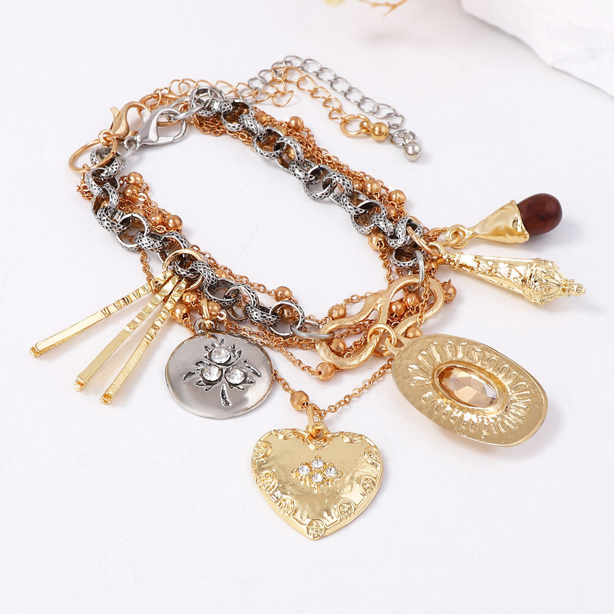 Chic Vintage-Inspired High-End Layered Chain Bracelet with Heart and Geometric Pendant - Perfect for Stacking and Everyday Elegance