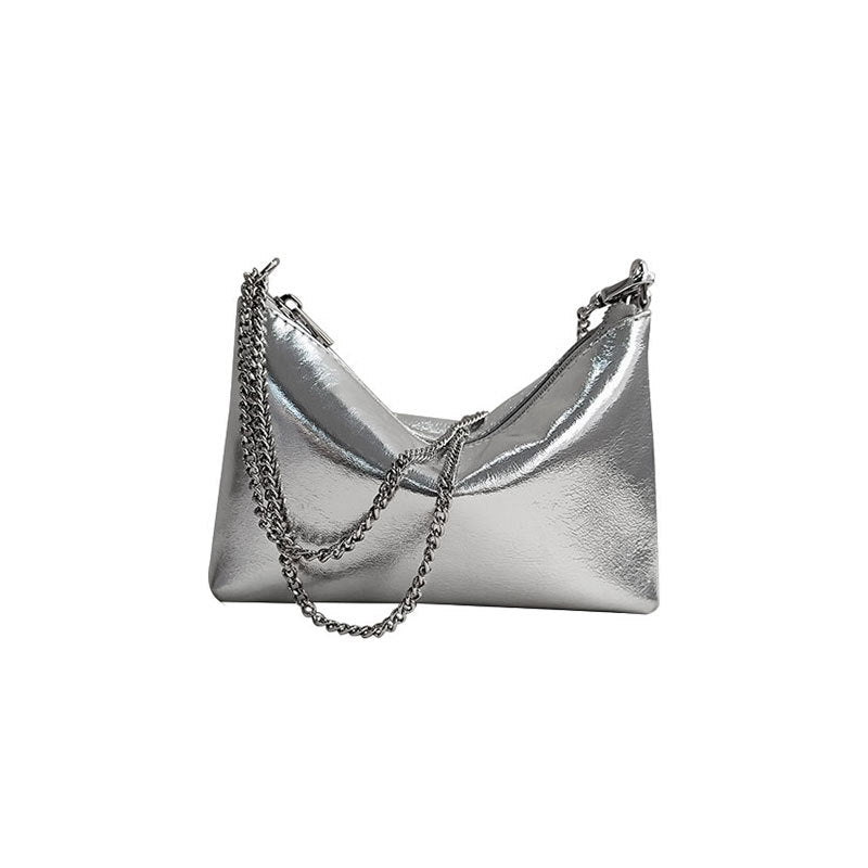 Silver Vegan Leather Handbag Minimalist Korean Style Soft Leather Shoulder and Crossbody Bag with Chain Strap for Everyday Elegance