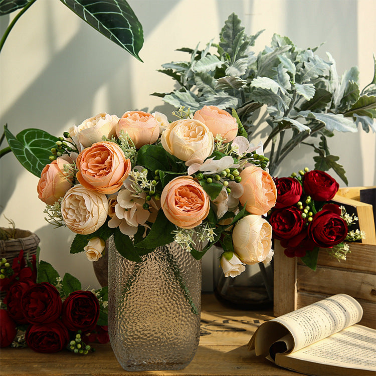 Luxurious Floral Arrangement: Realistic Artificial Flower Bouquet - Seven-Headed Elegant Tea Roses for Stylish Nordic Photography Props and Desktop Decor