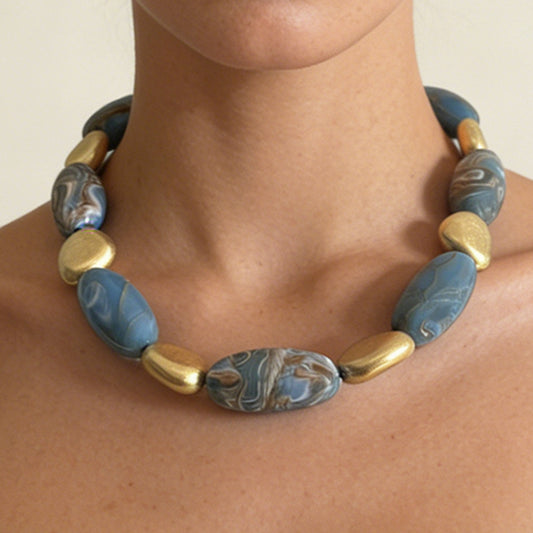 Unique Artistic Vintage Baroque Oversized Irregular Blue Ombre Beaded Necklace for Women - Eye-Catching Minimalist Design, Perfect for Any Occasion!