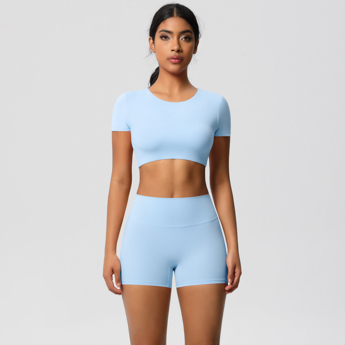 Luxurious Brushed Fabric Short Sleeve High Waist Shorts Set with Built In Chest Padding for Yoga Gym Workouts and Active Lifestyle