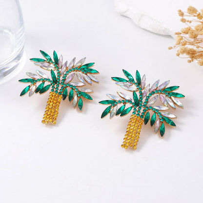 Chic Minimalist Alloy Crystal-Studded Statement Coconut Tree Earrings for Women – Perfect for Vacation and Casual Outfits