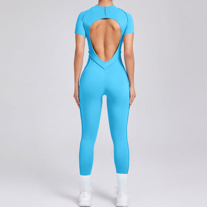 Autumn Winter 3D Backless Fitted Short Sleeve Jumpsuit with Long Pants All in One Yoga and Workout Ensemble for Maximum Comfort and Performance