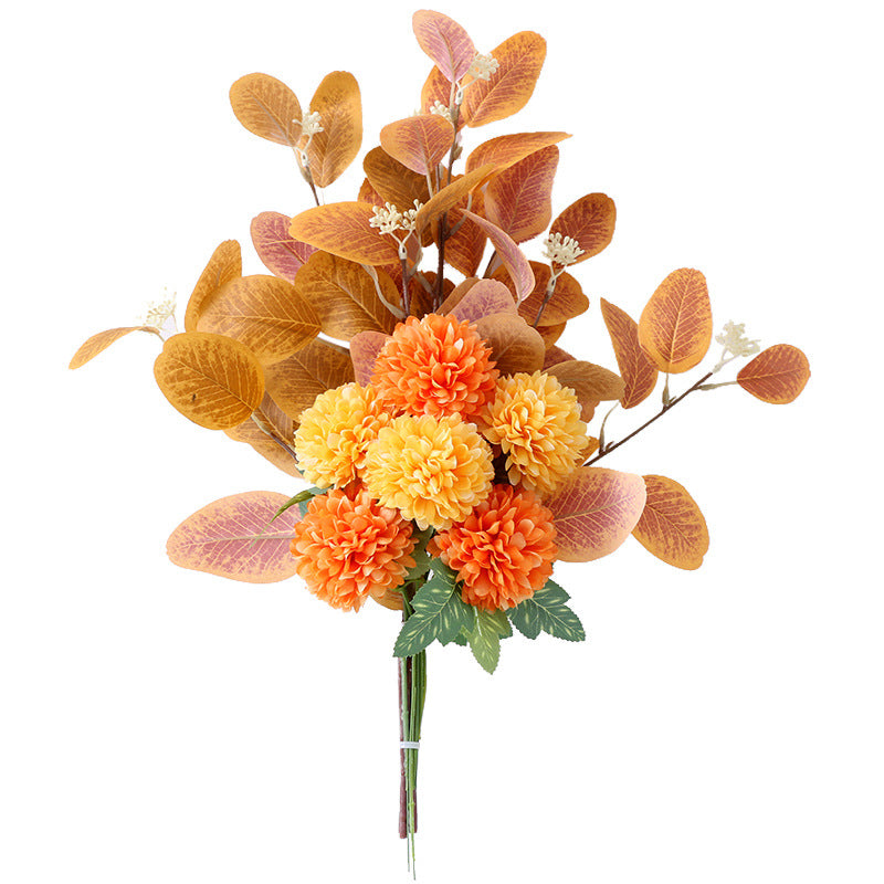 Realistic Nordic Home Decor Faux Flowers – Eucalyptus Leaf Ball Daisies Artificial Handheld Bouquet - Perfect for Weddings, Parties, and Everyday Decor