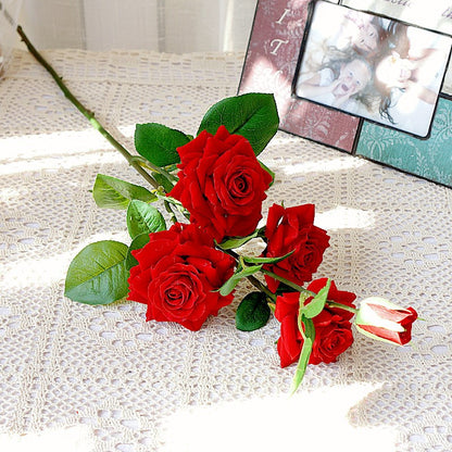 Vibrant Red Velvet Long-Stemmed Faux Roses - 5 Stunning Artificial Floral Stems for Home Decor, Photography, and Wedding Decorations