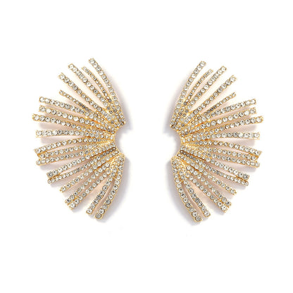 Elegant Geometric Irregular Fan-Shaped Alloy Stud Earrings with Full Rhinestones - A Luxurious Minimalist Accessory for Women