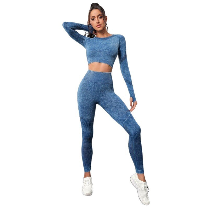 Seamless Water Washable Hollow Out Textured Two Piece Yoga Set for Women Long Sleeve Top with High Waisted Butt Lifting Leggings for Comfort and Style