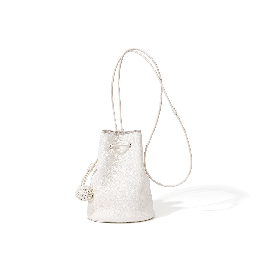 Chic Korean Style Drawstring Bucket Bag Genuine Leather Women's Minimalist Crossbody and Shoulder Bag in Grain Cowhide