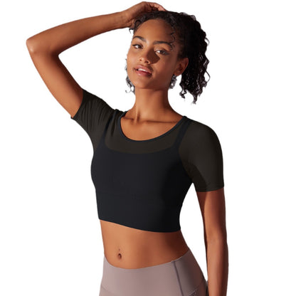 and Comfortable Women's Round Neck Short Sleeve Crop Top with Built in Bra for Fitness Yoga and Running for Active Lifestyles