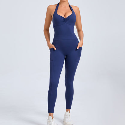 Backless Yoga Jumpsuit for Women Adjustable Neck Design with Side Pockets for Dance and Fitness