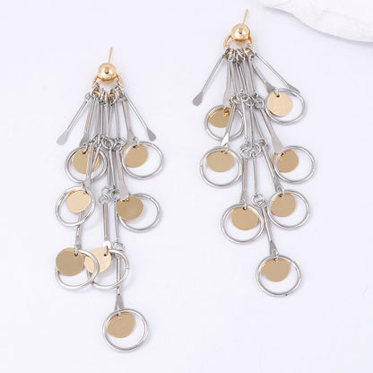 Chic Lightweight Two-Tone Metal Pendant with Modern Geometric Design – Long Tassel Earrings for a Fashion-Forward Look