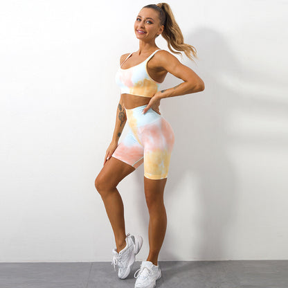 Tie Dye Sports Bra and High Waisted Compression Shorts Yoga Set Women's High Elastic Outdoor Fitness Apparel for and Style