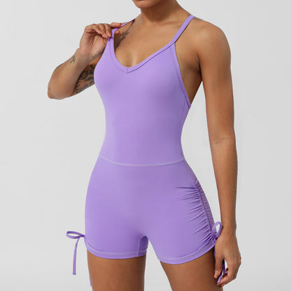 V Neck Sleeveless Yoga Romper with Cross Back Design Built in Bra Pads and Shorts for Fitness and Fashion Enthusiasts