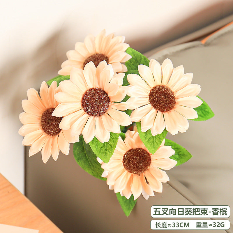 Realistic 5-Branch Sunflower Bouquet - Elegant Latin Daisy Silk Flowers for Stylish European Home Décor - Perfect for Rustic and Country Settings