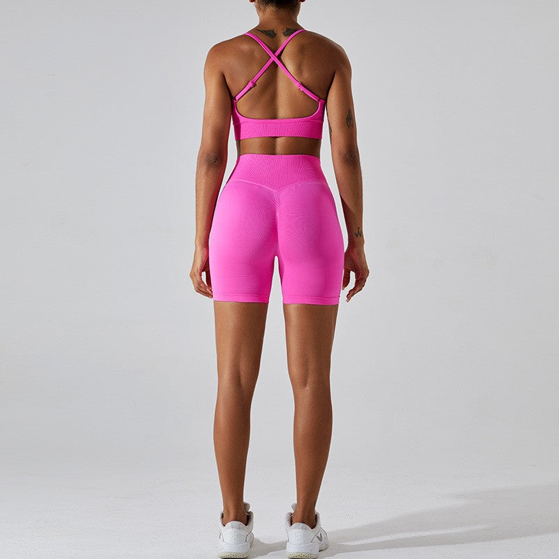 Seamless High Waisted Peach Lift Yoga Shorts and Cross Back Sports Bra Set for Women Comfort and Style for Your Workout Routine