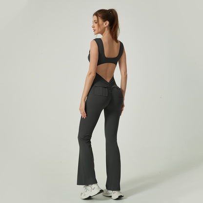 V Neck Hollow Back Jumpsuit with Pockets Flared Leg Yoga Outfit for Comfort and Support in Your Fitness Journey