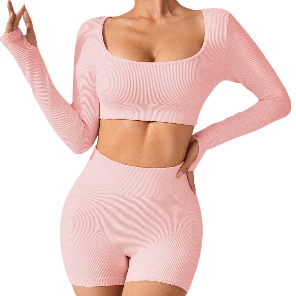 Spring Summer Ribbed Long Sleeve Yoga Set with Shorts Women's Workout Clothes for Comfort and Performance