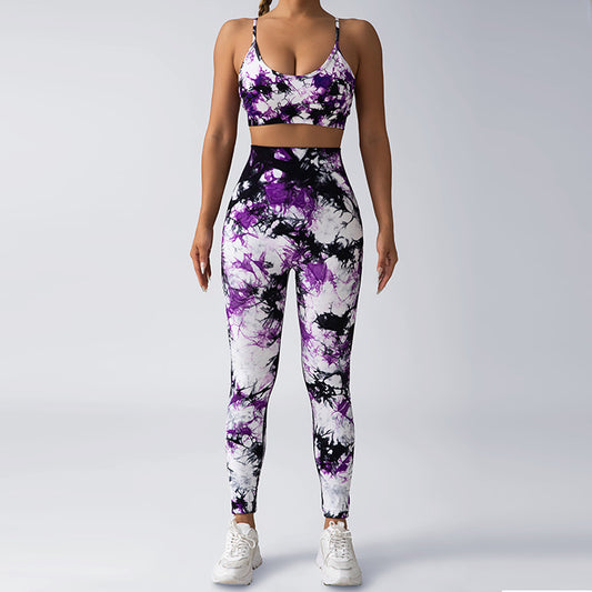 Seamless Adjustable Tie Dye Sports Bra and Legging Set with Built in Chest Pads for Running Gym Workouts and Butt Enhancing Comfort