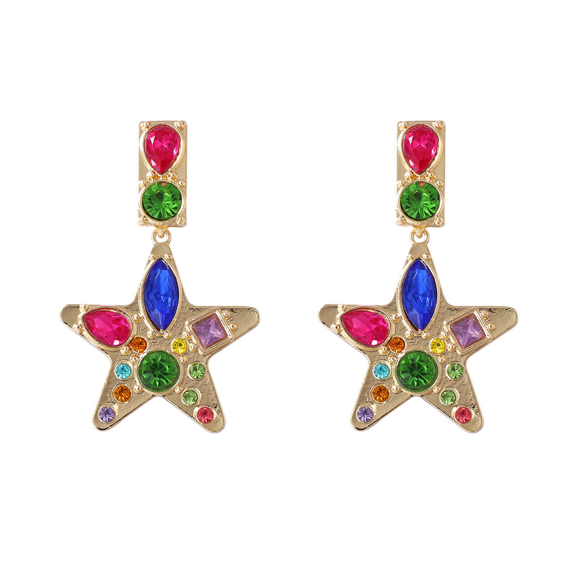 Chic & Exquisite Alloy Star Pendant Earrings with Colorful Gemstones – Bold Statement Jewelry for Modern Women