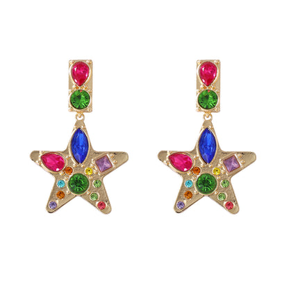 Chic & Exquisite Alloy Star Pendant Earrings with Colorful Gemstones – Bold Statement Jewelry for Modern Women